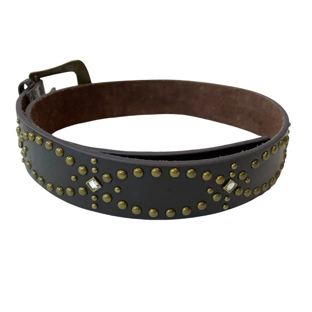 Genuine Brown Leather Metal Studded Bling Belt Buckle Boho Trendy Western 36”